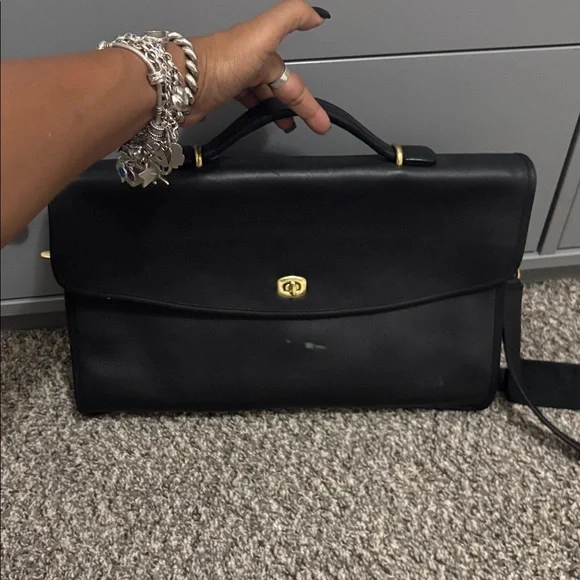 Coach vintage black leather briefcase messenger bag crossbody Y2K marks boho 90s - Picture 2 of 11